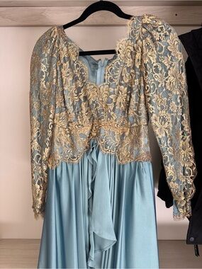 Saks Fifth Avenue Gold Lace & Dusty Blue Satin Evening Dress